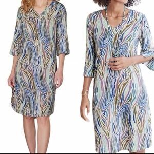 Soft Surroundings Positano Zebra Print Dress Size Medium Button Hem Lined Cotton